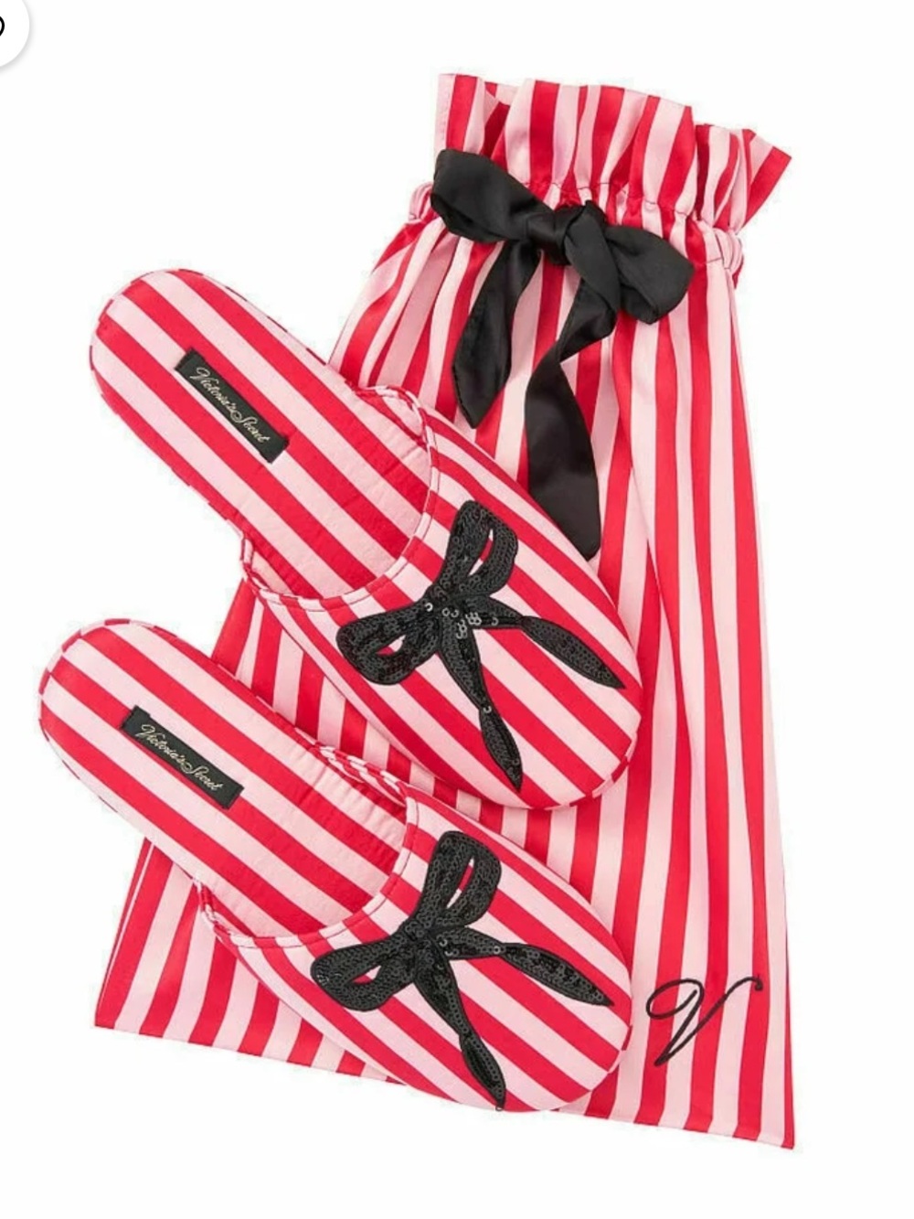 Victoria's Secret Red & White Striped Satin Slippers with Black Sequin Bow